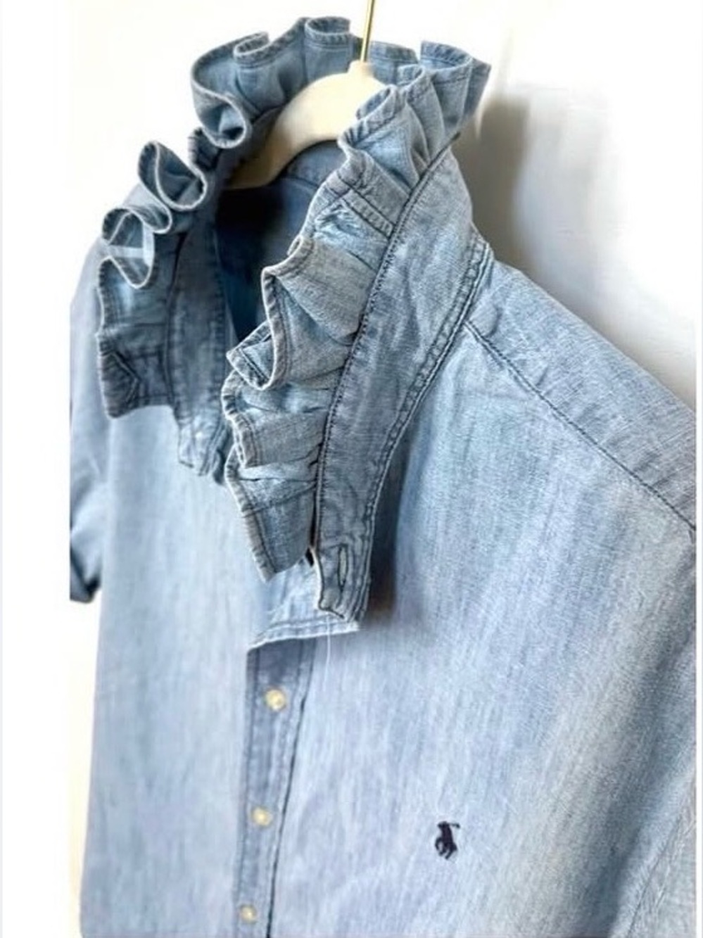Ralph Lauren Light Blue Ruffle Collar Denim Button-Down Shirt - Picture 2 of 2